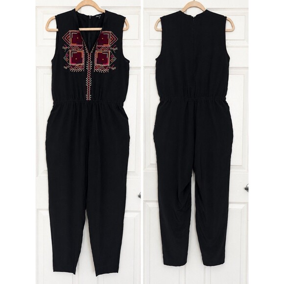 Madewell Pants - Madewell  Embroidered Jumpsuit Sz 6 Black 100% Silk Sleeveless Boho Quiet Luxury